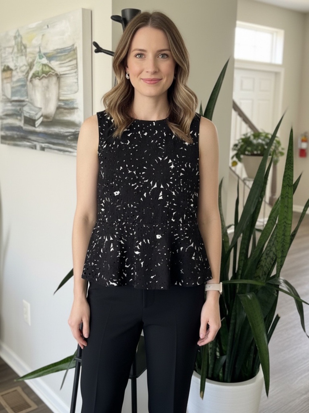 Ann Taylor Factory Black & White Eyelet Peplum Top - Size XS